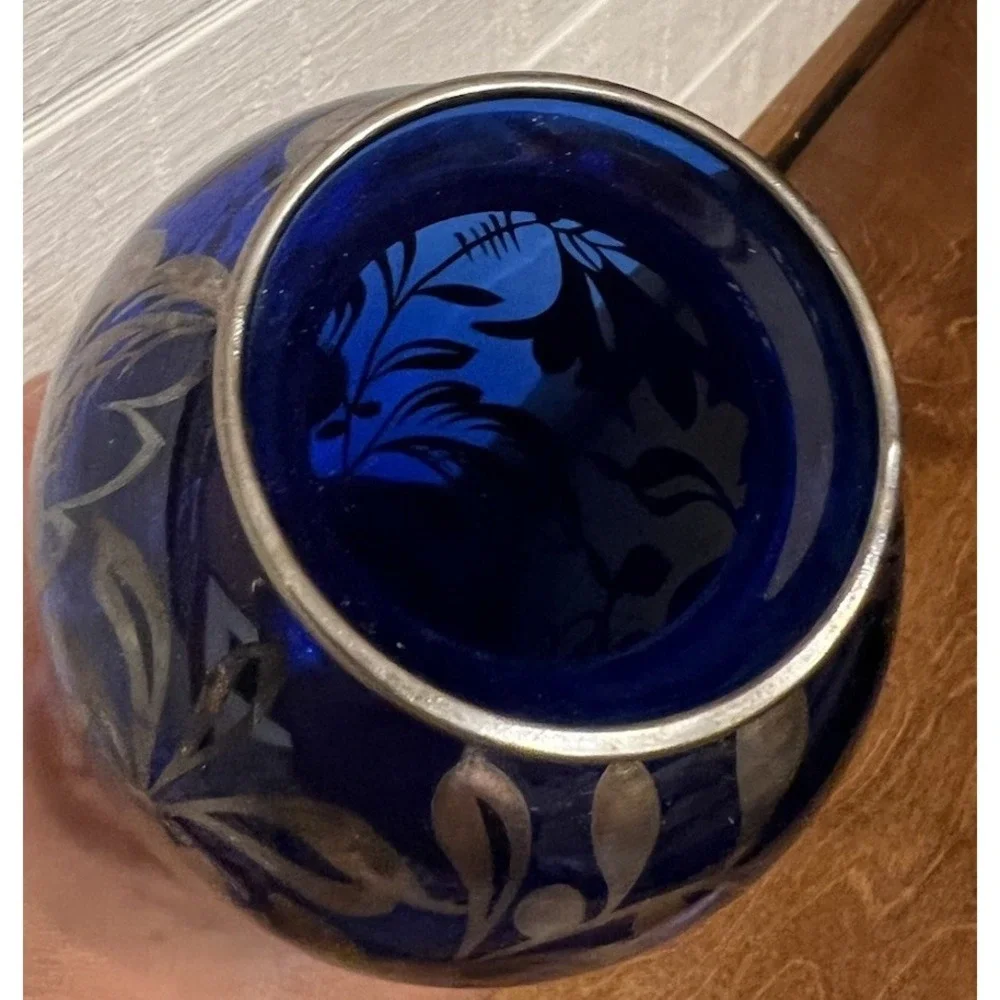 Vntg Silver Deposit Overlay Bud Vase Cobalt Blue Italian Floral 8.75